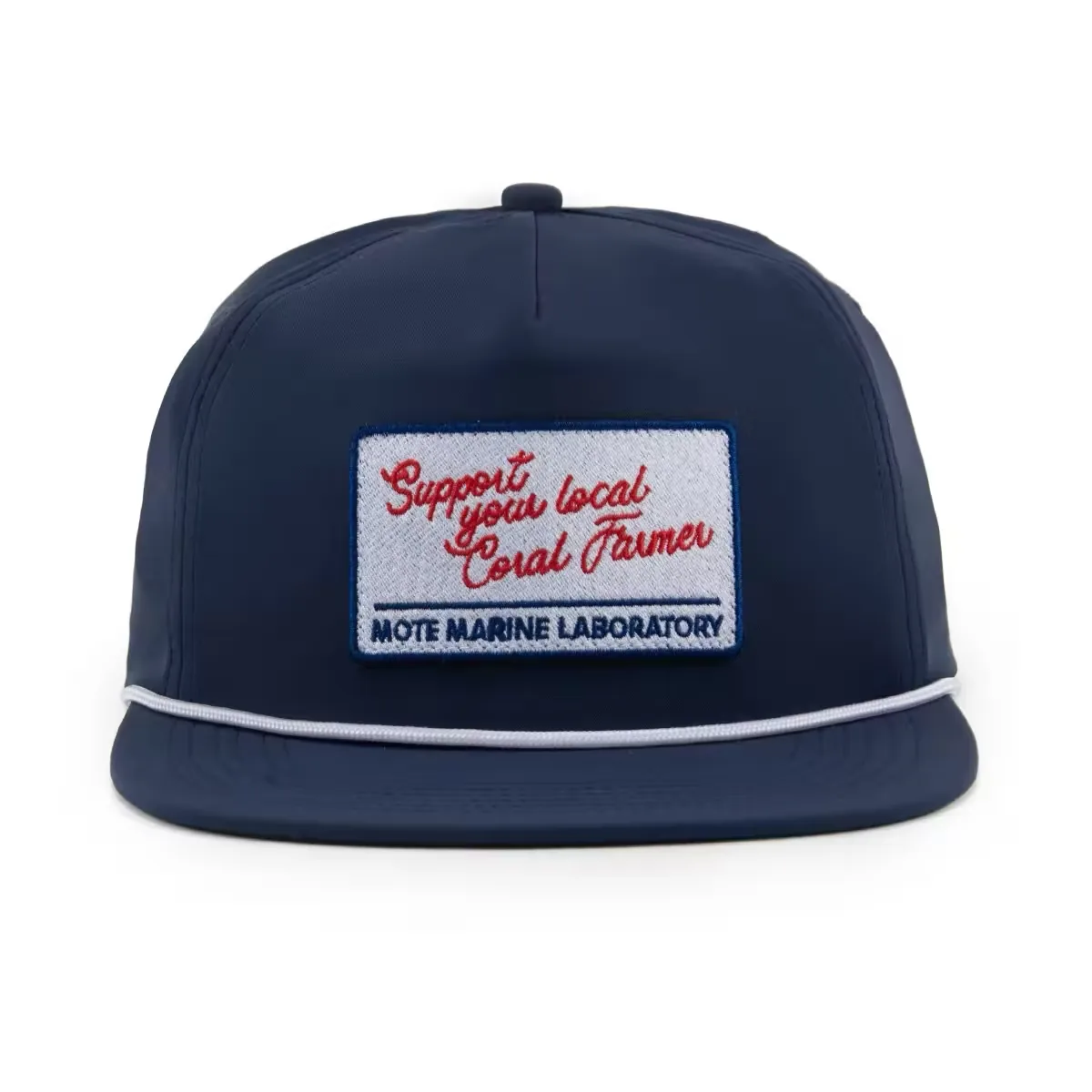 The navy Mote Marine cap, front view, with the Support Your Local Coral Farmer embroidered patch and white rope