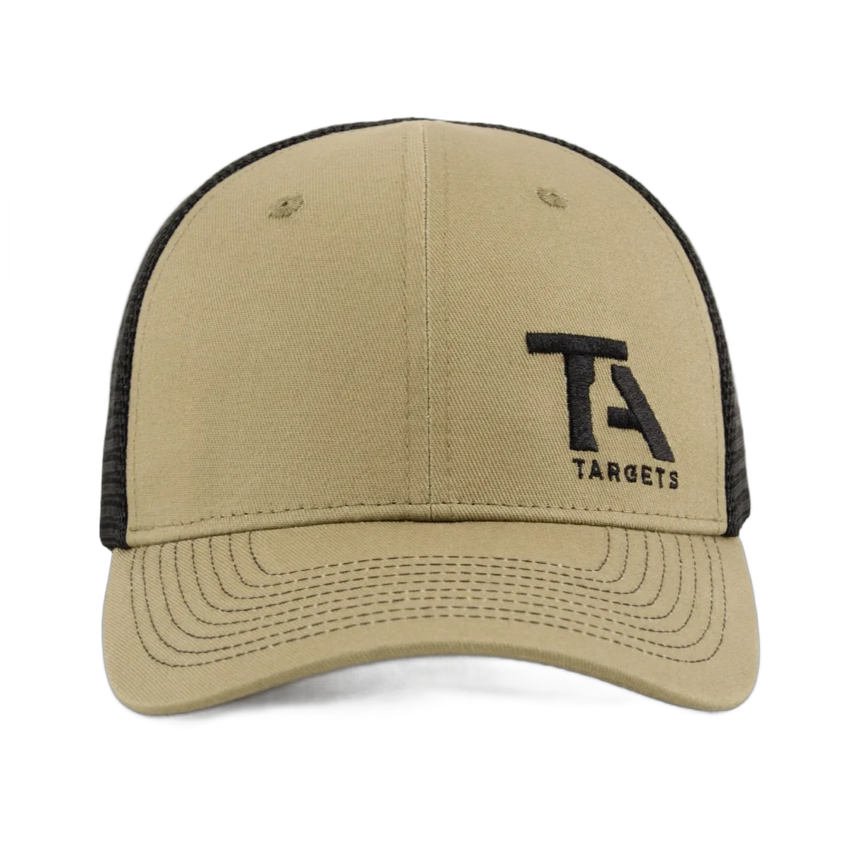 The finished TA Targets cap, front view: olive crown, black mesh back, black embroidered TA Targets mark
