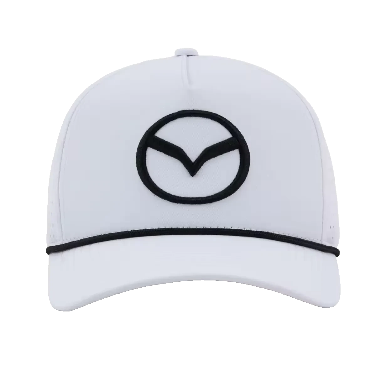 The white Wellesley Mazda cap, front view, black 3D embroidered Mazda mark and black rope