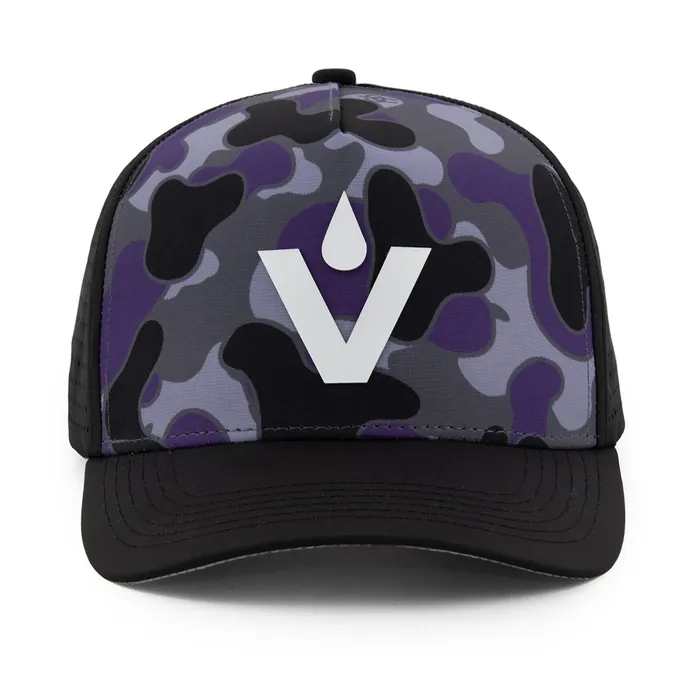 Perforated performance hat, purple and gray camo front panels, black mesh sides, white graphic logo, black brim
