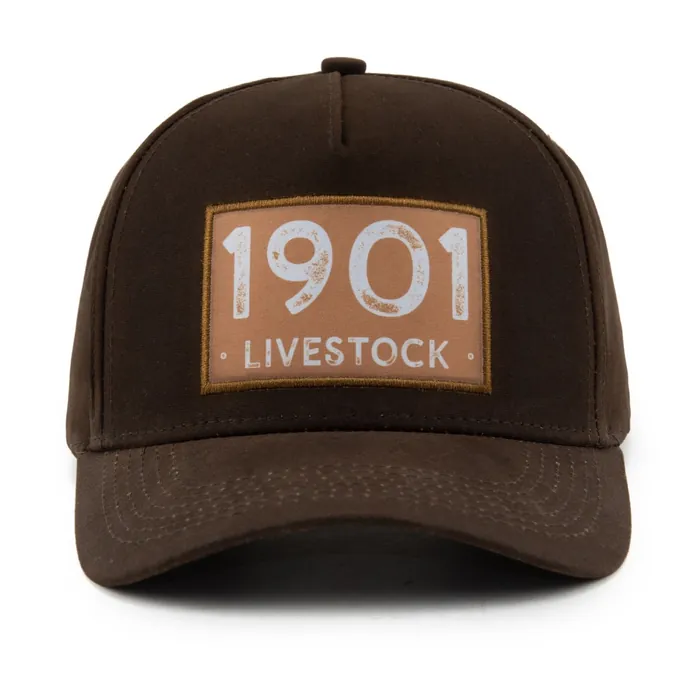 Five-panel hat in dark brown, tan rectangular patch with distressed lettering