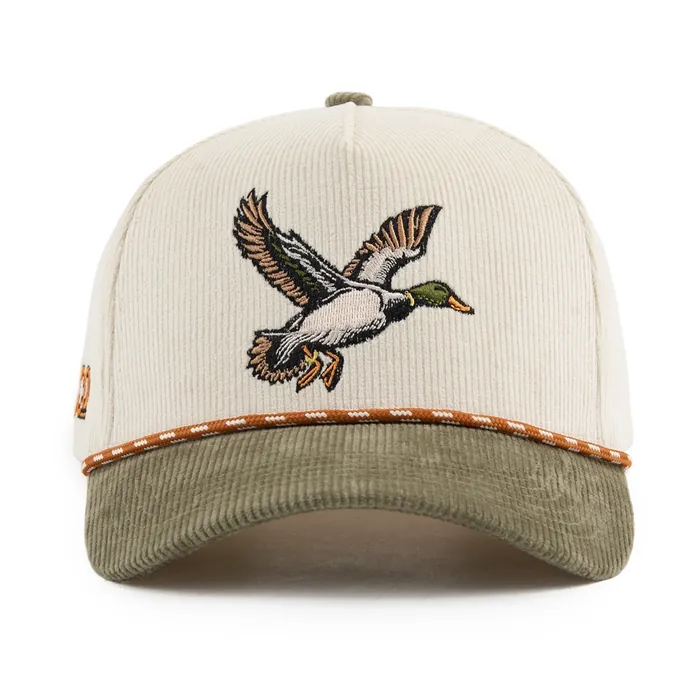 Five-panel cream corduroy hat with an olive corduroy brim, embroidered mallard, orange and white rope, small side label
