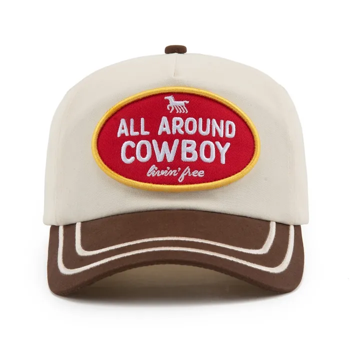Five-panel hat, cream crown with brown brim, double white brim stitching, oval woven patch