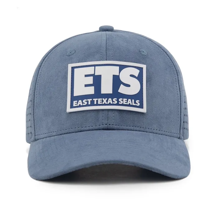 Blue suede-finish perforated hat with a rectangular woven patch, shown front, three-quarter, both sides, back and interior