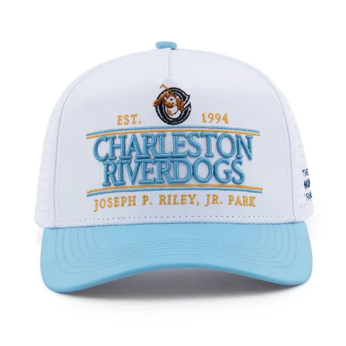 Five-panel perforated hat, white crown with light-blue brim, multicolor embroidered crest and text, navy side text