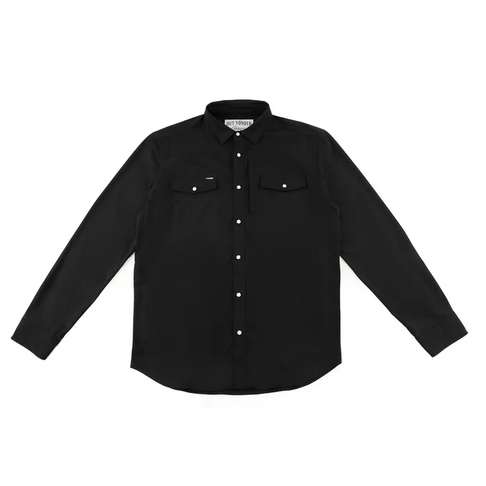 Black long-sleeve button shirt, pearl snaps, chest flap pockets, pocket label, interior drawcord pocket, woven neck label; detail shots of snaps, cuffs and fabric