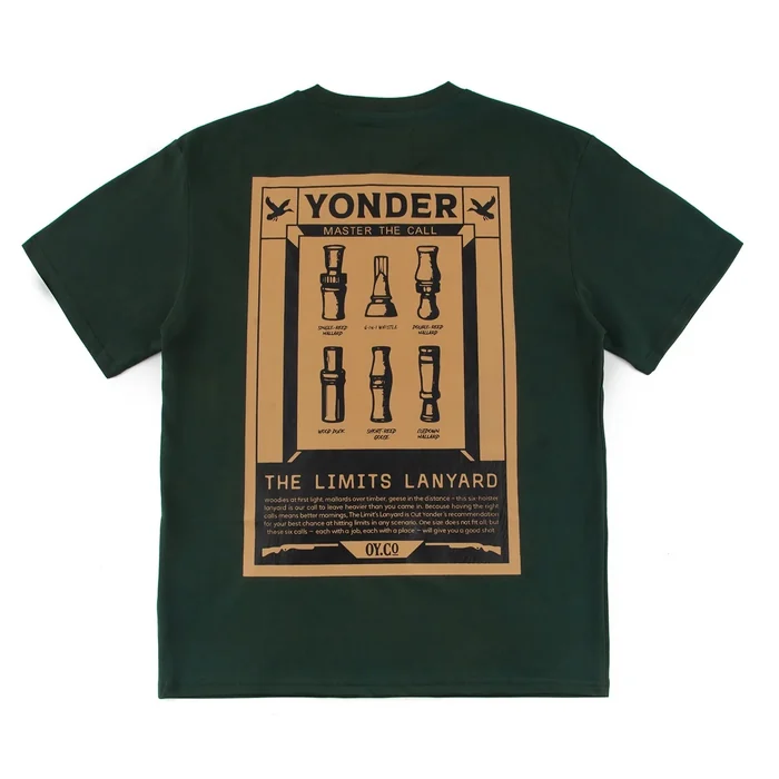 Forest-green tee, small tan duck graphic on the chest, large tan poster print on the back, printed neck label, woven care label