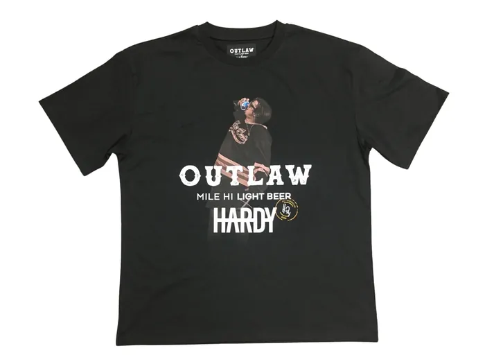 Black tee, photo and lettering print on the front, large lettering with a list of cities on the back, printed neck label