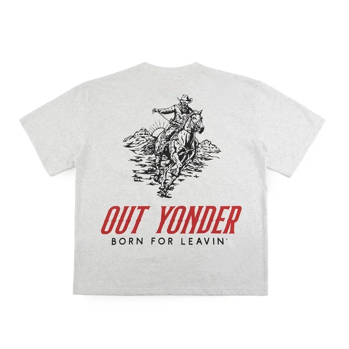 Heather gray short-sleeve tee, small red script print on the chest, large back graphic of a rider on horseback with red and black lettering, woven neck label; detail shots of the prints, label and hem
