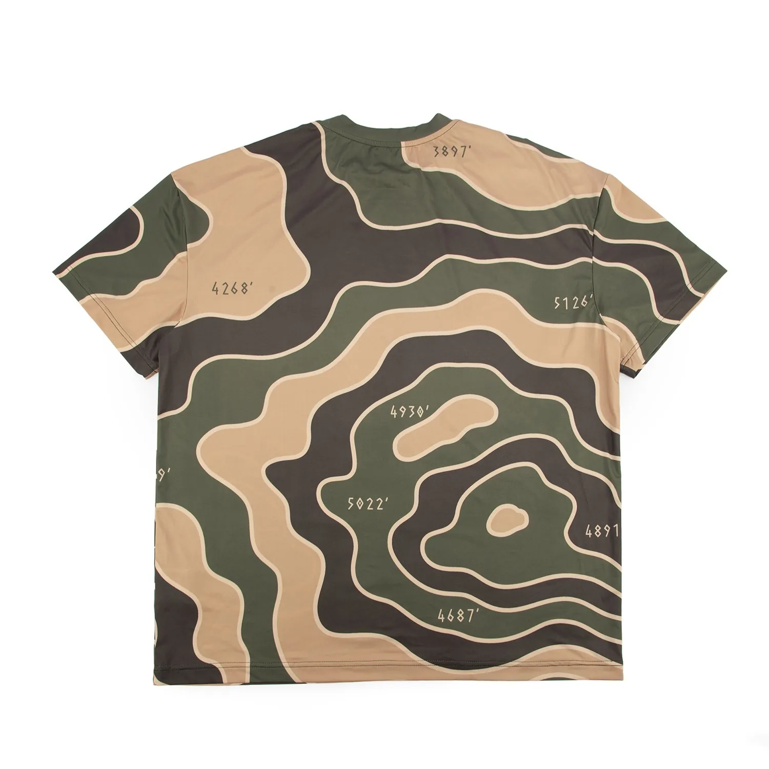 Tee with an all-over tan, green and brown camo print