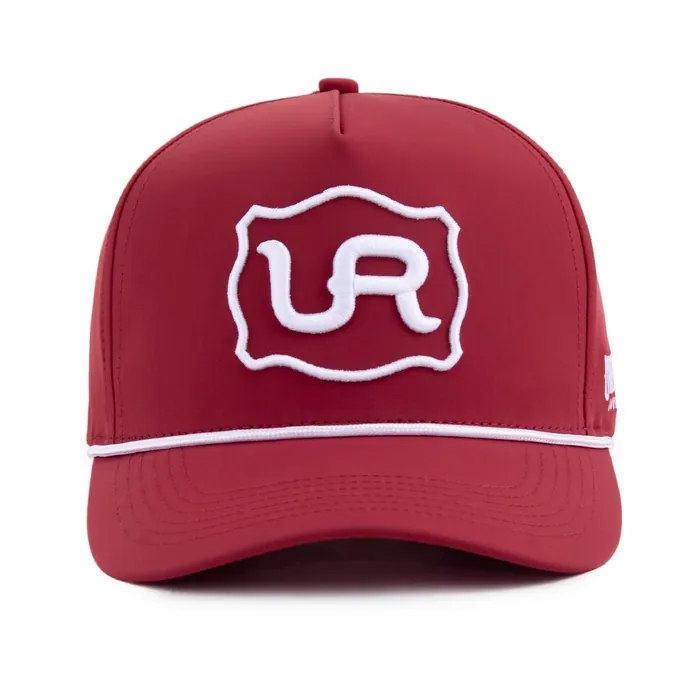 Five-panel hat, red, white 3D embroidered monogram in a scalloped frame, white rope along the brim, side lettering, woven label on the strap, printed taping inside