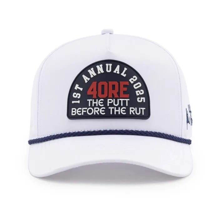 Five-panel white hat with navy rope, arched woven patch, small embroidered mark on the side